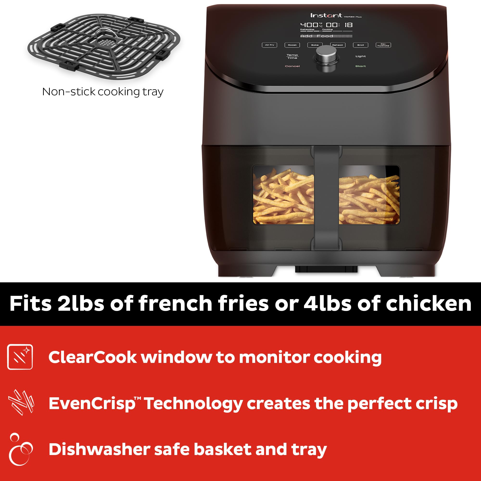 Instant Pot Vortex Plus XL 8QT ClearCook Air Fryer, Clear Windows, Custom Programming