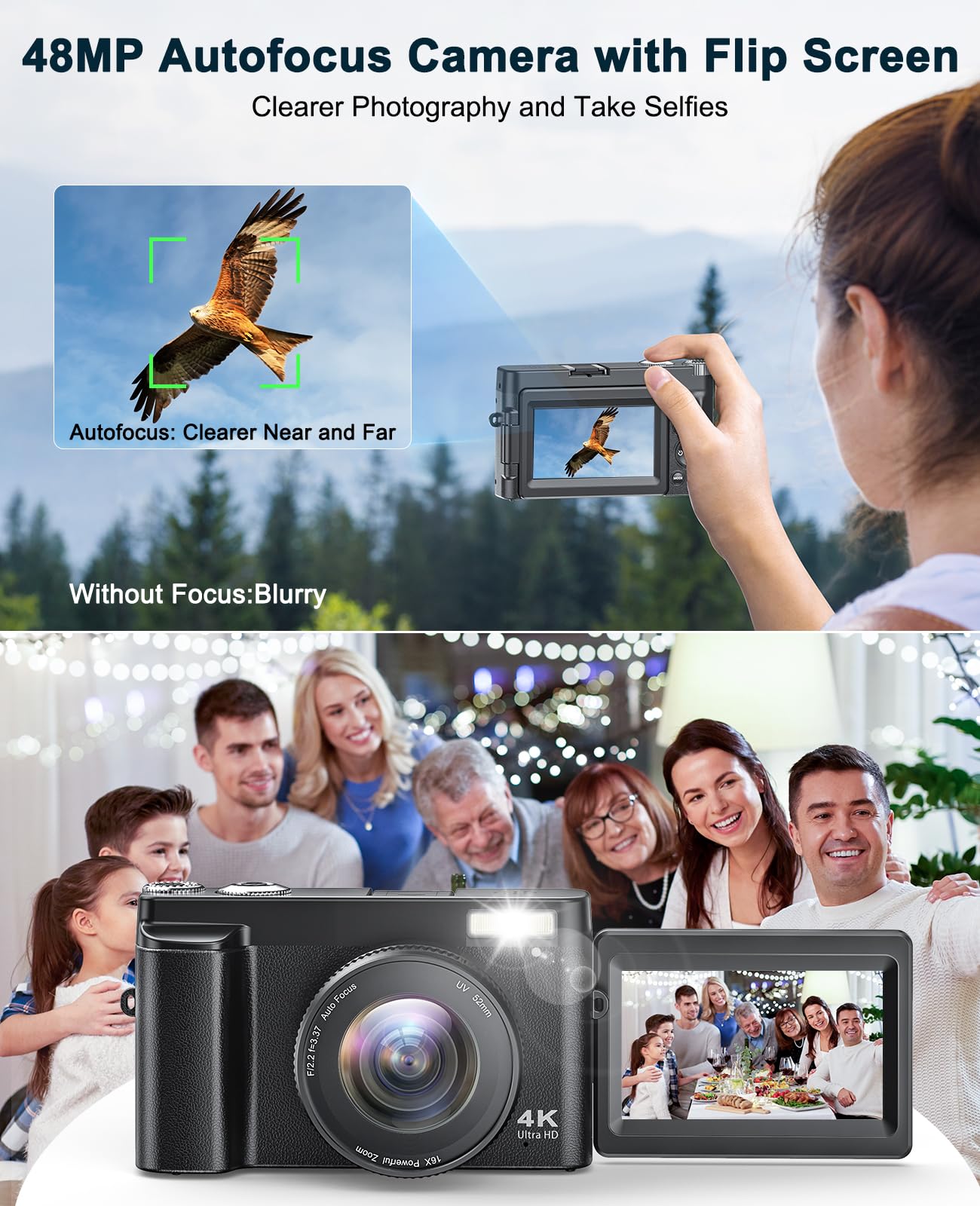 4K Digital Camera for Photography and Video, Autofocus Anti-Shake 48MP Vlogging Camera