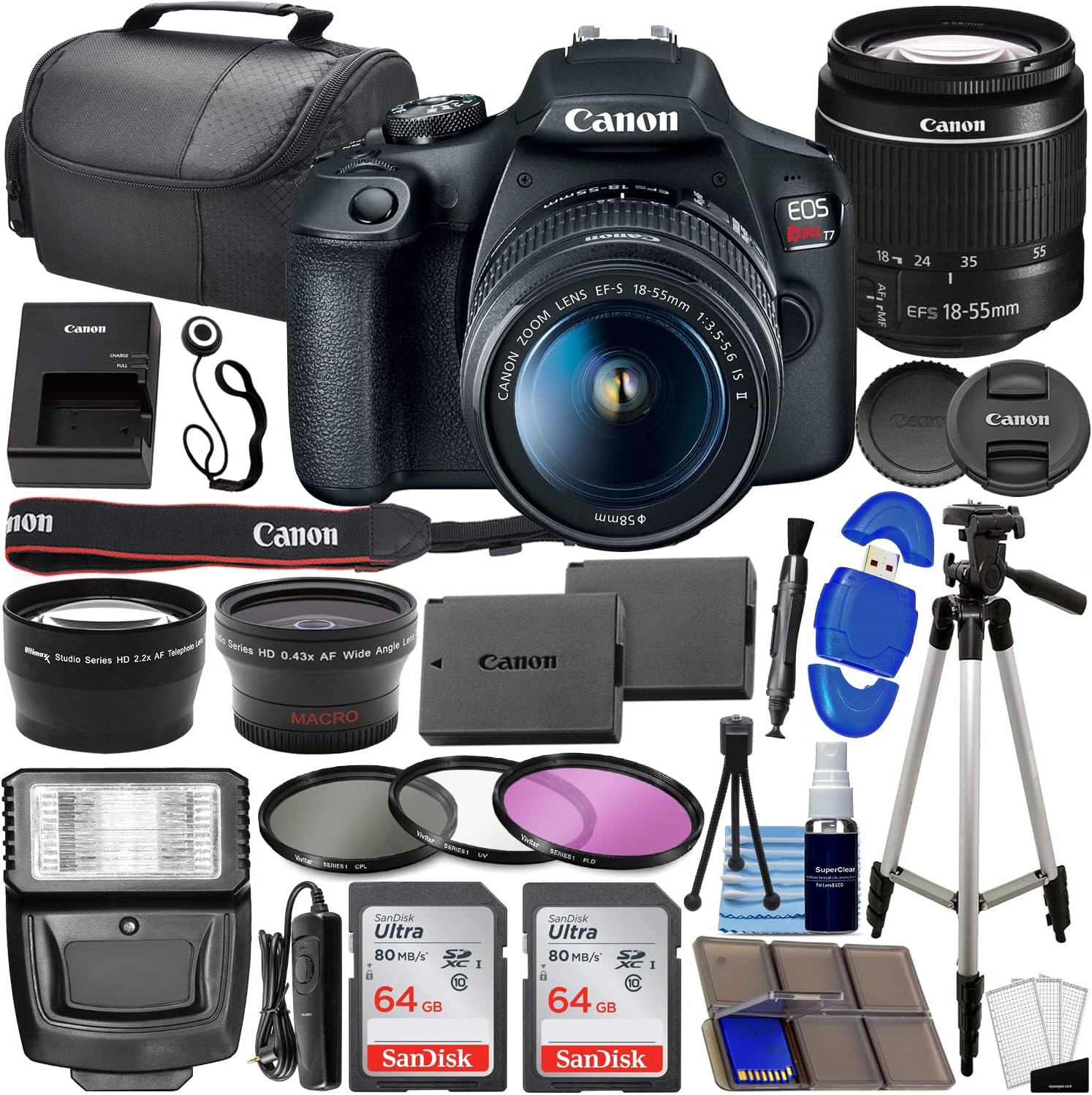 Canon EOS Rebel T7 DSLR Camera Canon EF-S 18-55mm f/3.5-5.6 is II Lens - 2pc SanDisk 64GB Memory Cards,